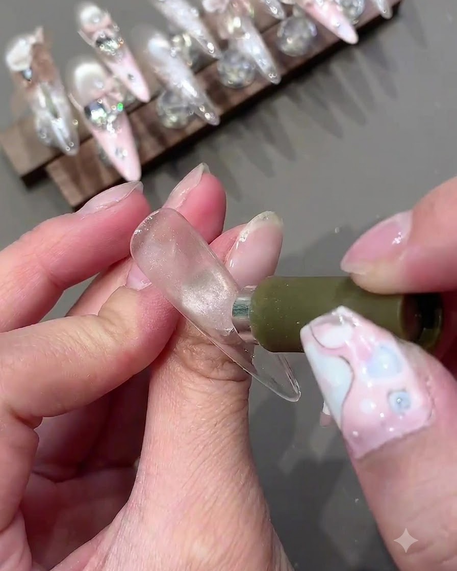 Primo piano di un magnete che modella un riflesso cat eye a faretto su ununghia in gel traslucido.