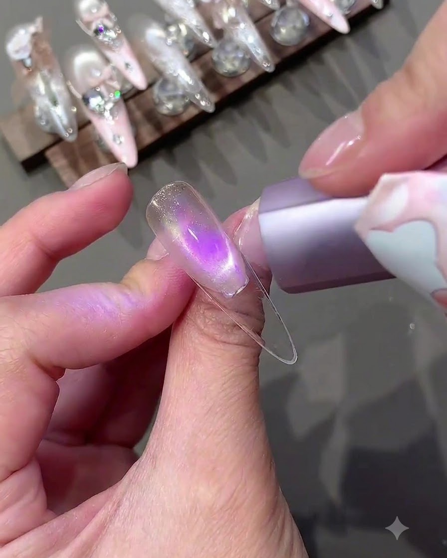 Ununghia illuminata da una lampada UV viola durante il processo di polimerizzazione del gel.