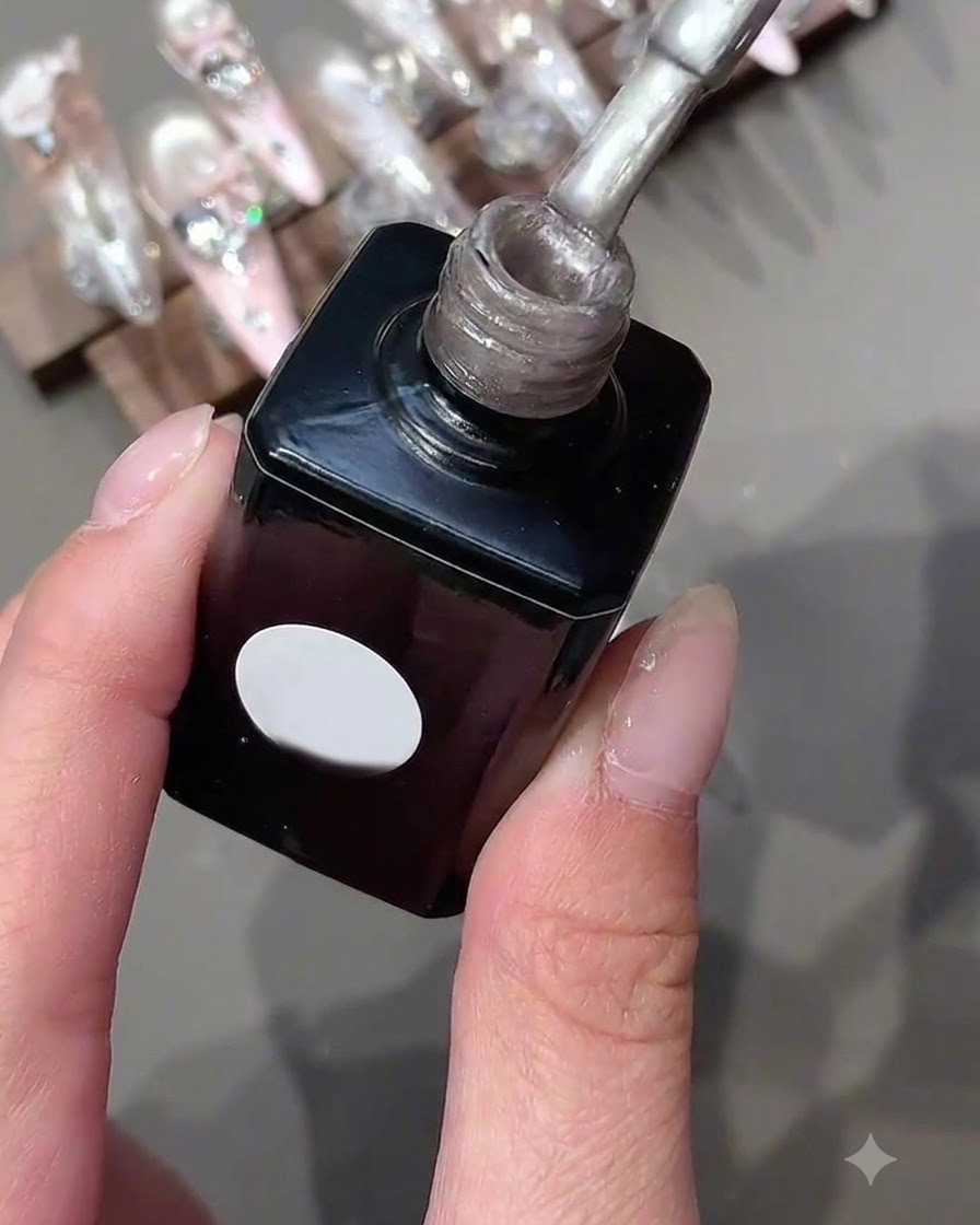 Una boccetta di smalto gel tenuta in verticale che mostra il pennellino applicatore pieno di gel scintillante.