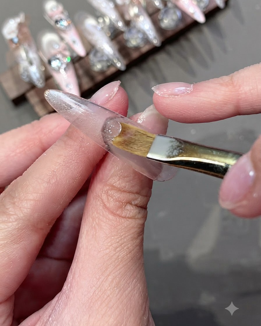Un morbido pennello in stile trucco che sfuma il bordo di uno strato di gel vicino alle cuticole.
