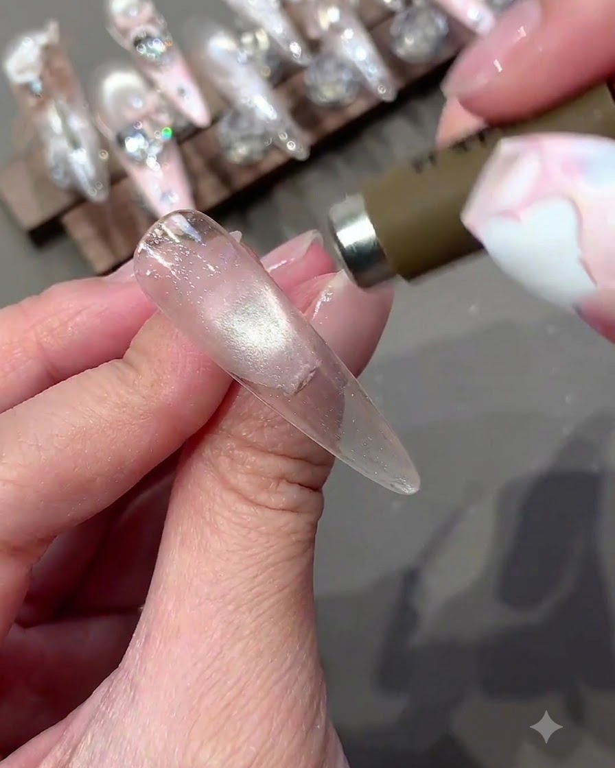 Uno strumento magnetico posizionato vicino alla punta dellunghia per concentrare le particelle di glitter cat eye.