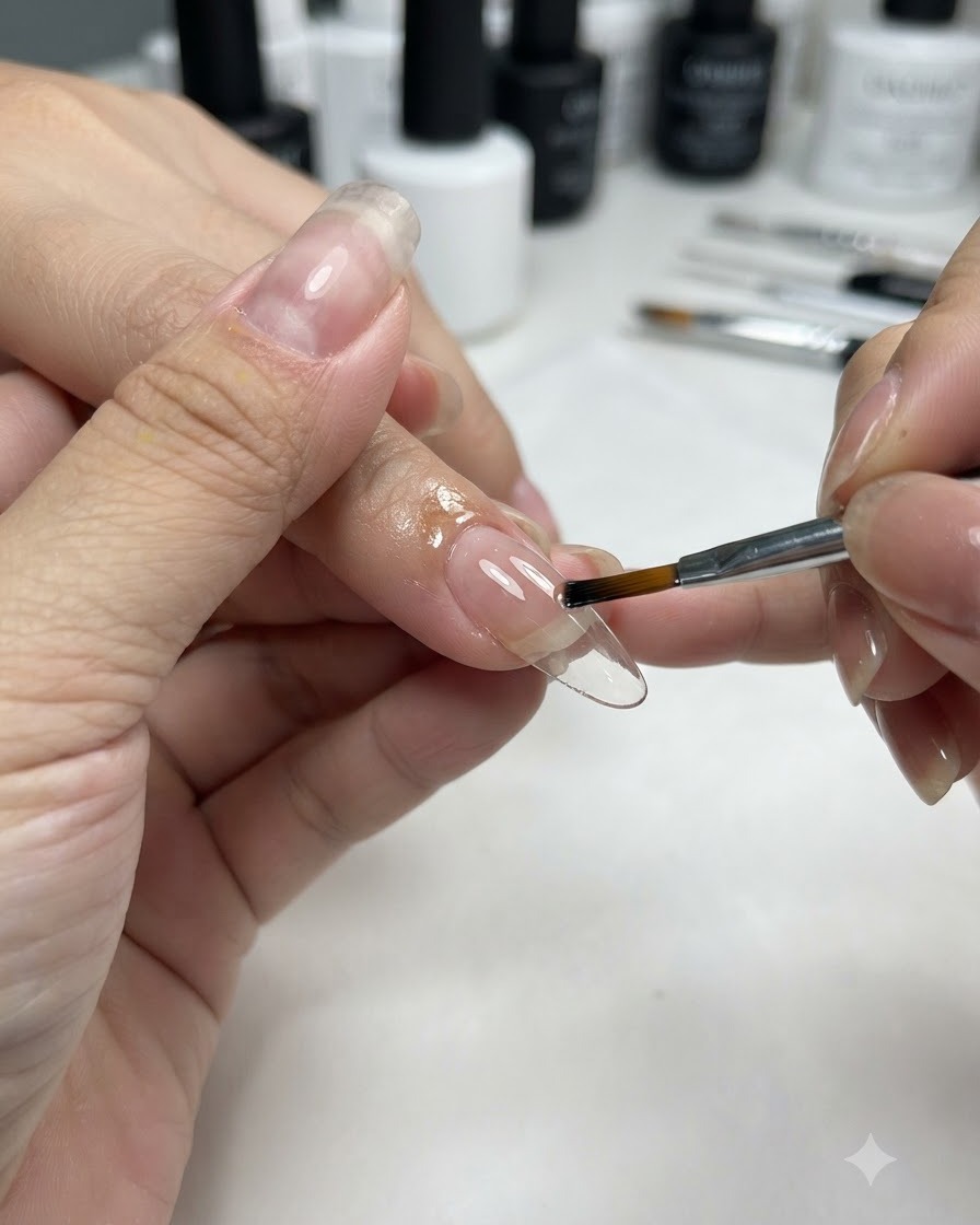 Un pennello piatto applica un gel rosa carne traslucido su una tip per unghie preparata.