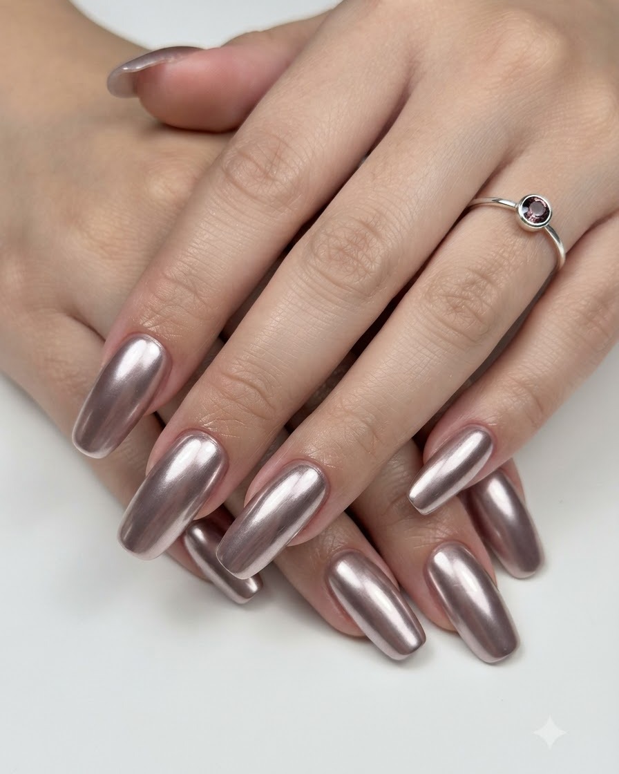 Entrambe le mani mostrano unghie con manicure metallica cromata lucida e un anello su un dito.