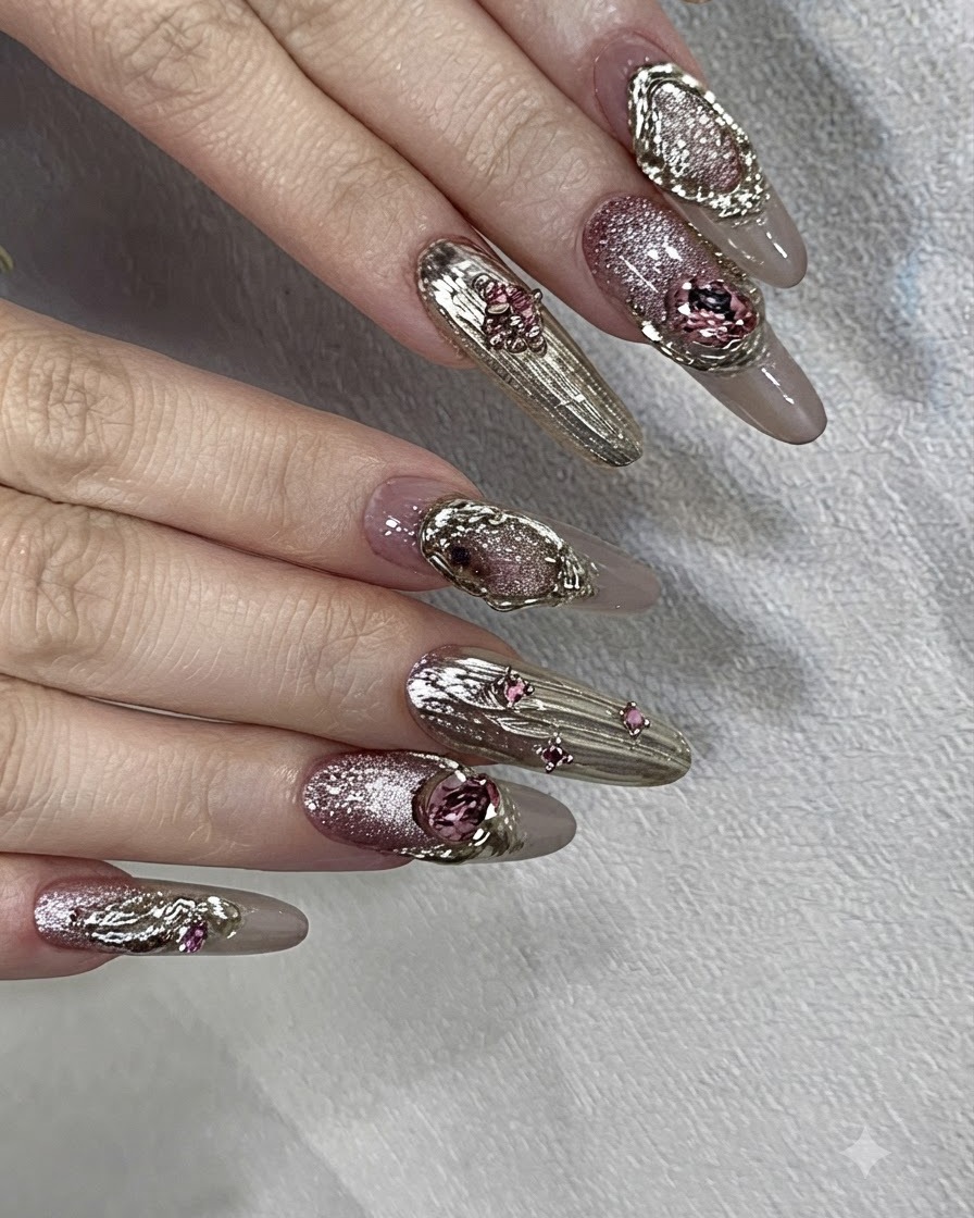 Una vista ravvicinata di ununghia punteggiata con gel styling trasparente in preparazione per il posizionamento degli strass.