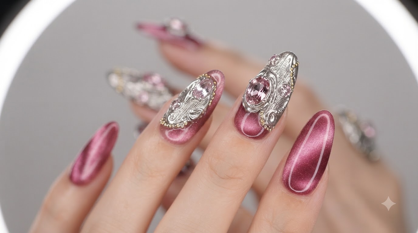 Unghie Effetto Occhio di Gatto Rosa e Stile Buccellati Metallico con Strass