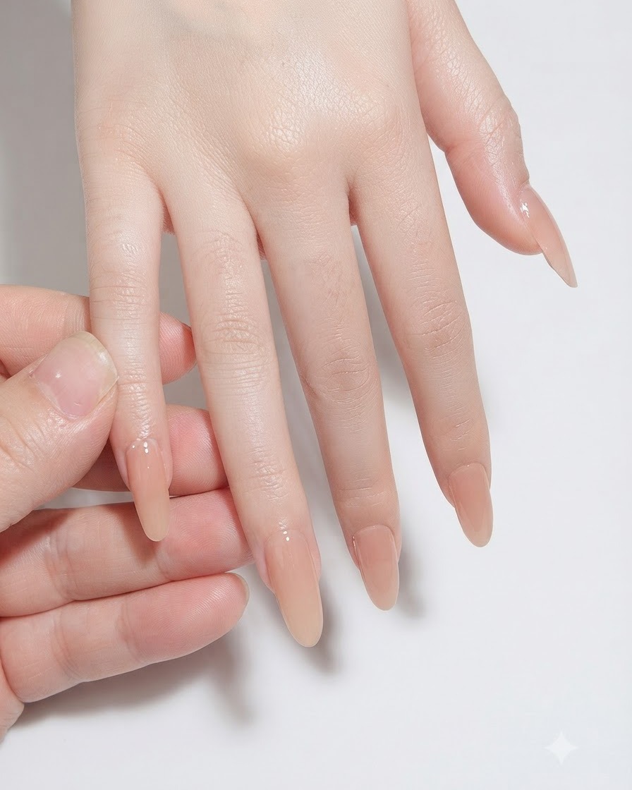 Una mano che passa un pad di cellulosa imbevuto di cleanser sullunghia dellindice.