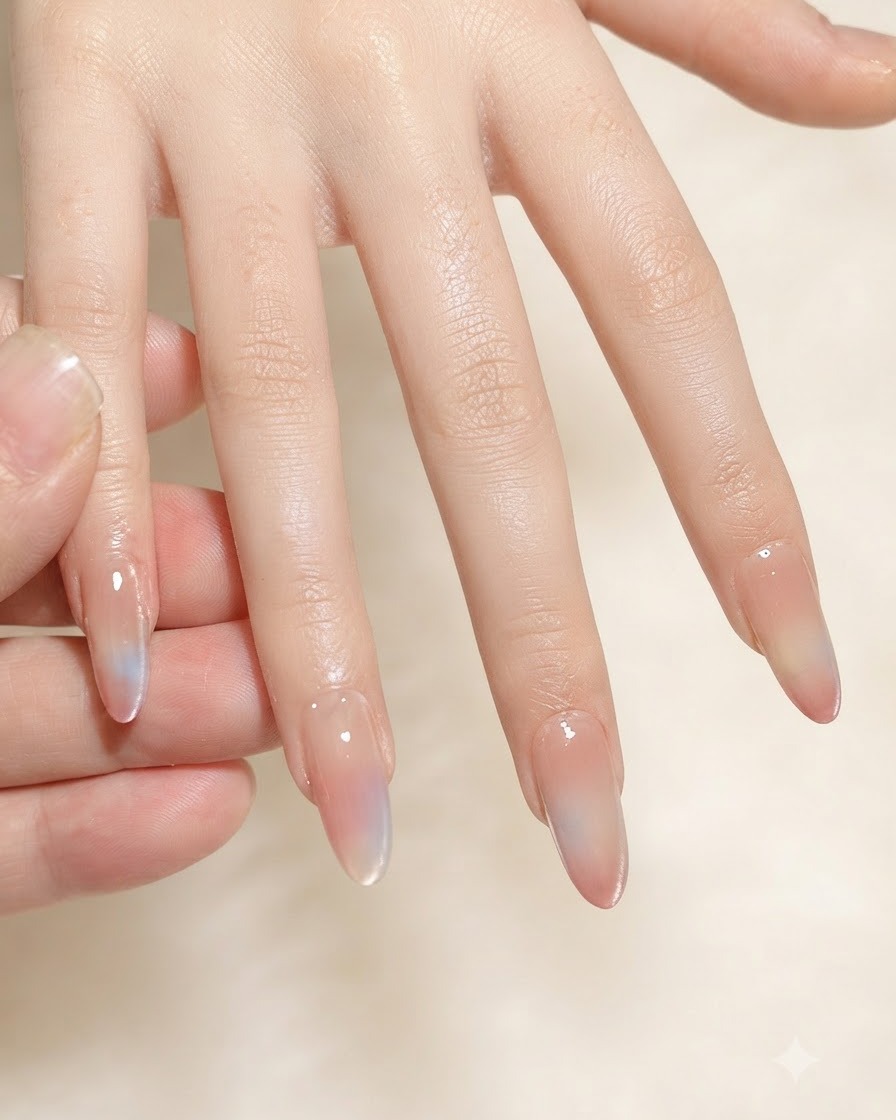 Un pennellino stende il top coat lucido su ununghia sfumata con effetto magnetico.