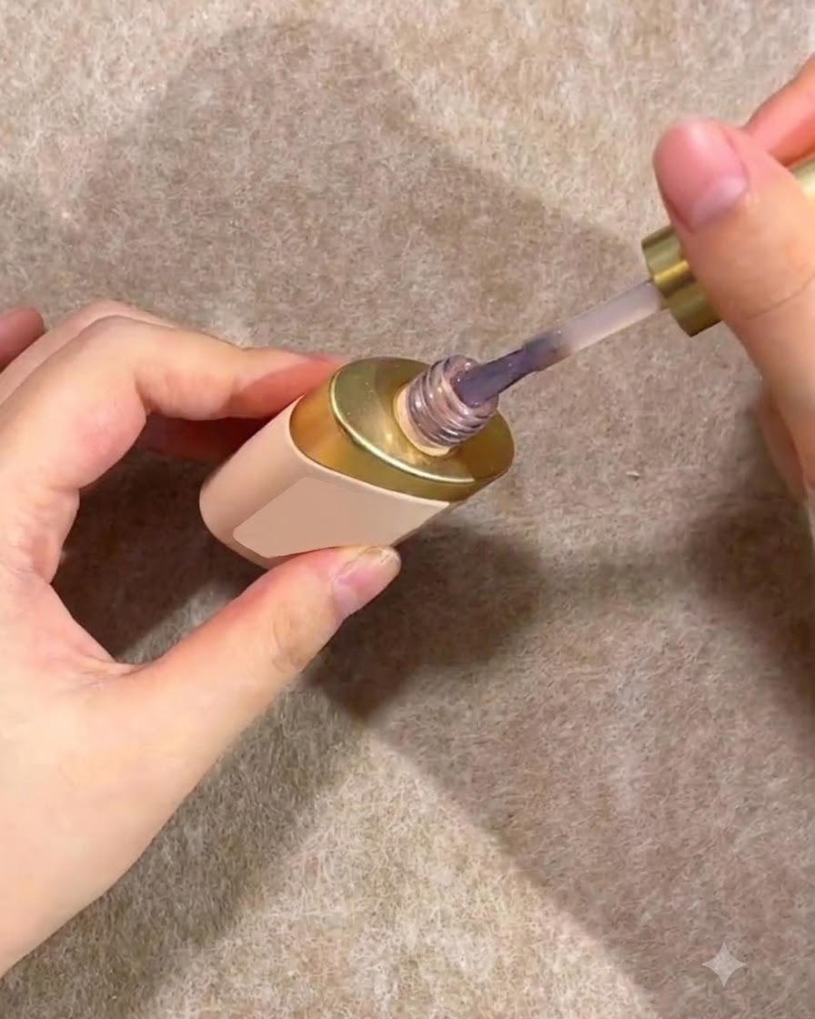 Un pennello che applica lo smalto gel nude sulla metà inferiore di una tip di prova trasparente.