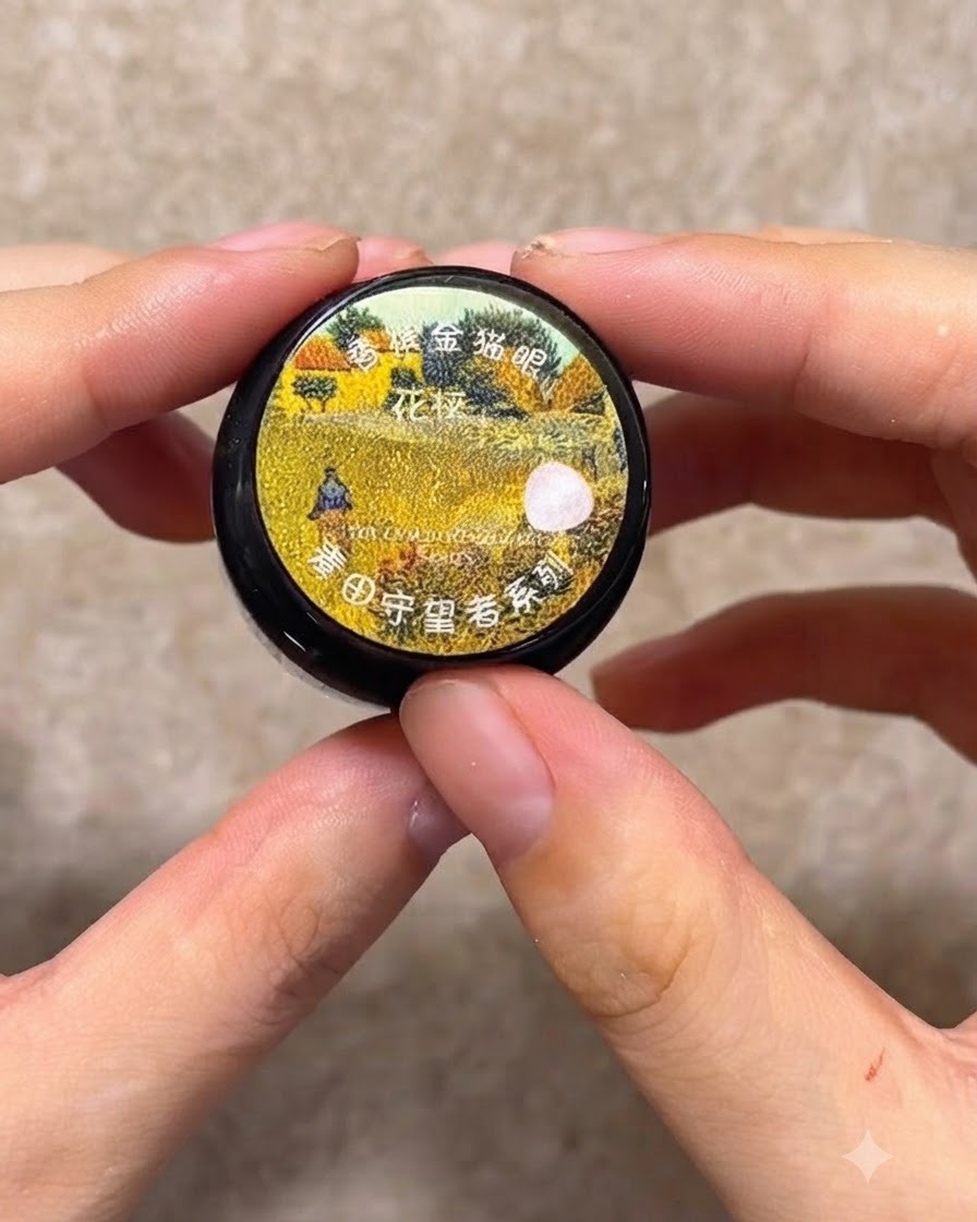 Mani che tengono un piccolo barattolo di gel cat eye rosa oro con unetichetta decorativa.