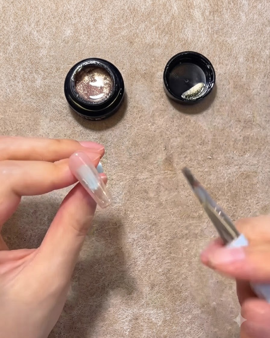 Un pennello liner che applica il gel cat eye rosa oro sulla metà superiore di una tip trasparente.