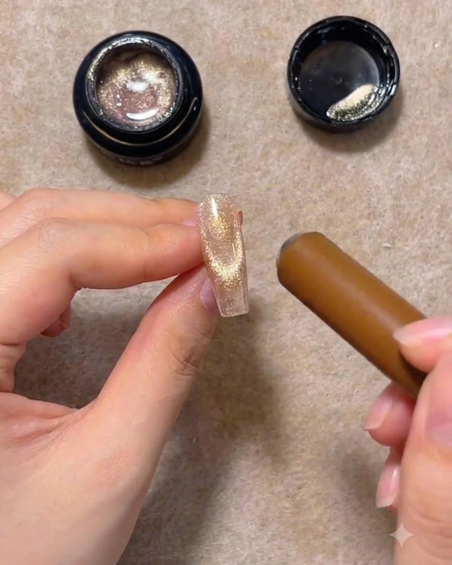 Un magnete cilindrico sospeso sopra la punta dellunghia per attivare le particelle brillanti del cat eye.