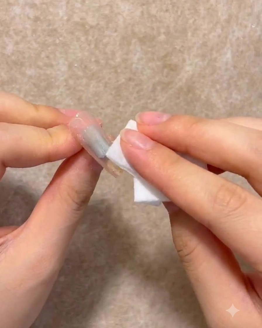 Una velina senza pelucchi che pulisce i residui appiccicosi dalla superficie di ununghia in gel polimerizzata.