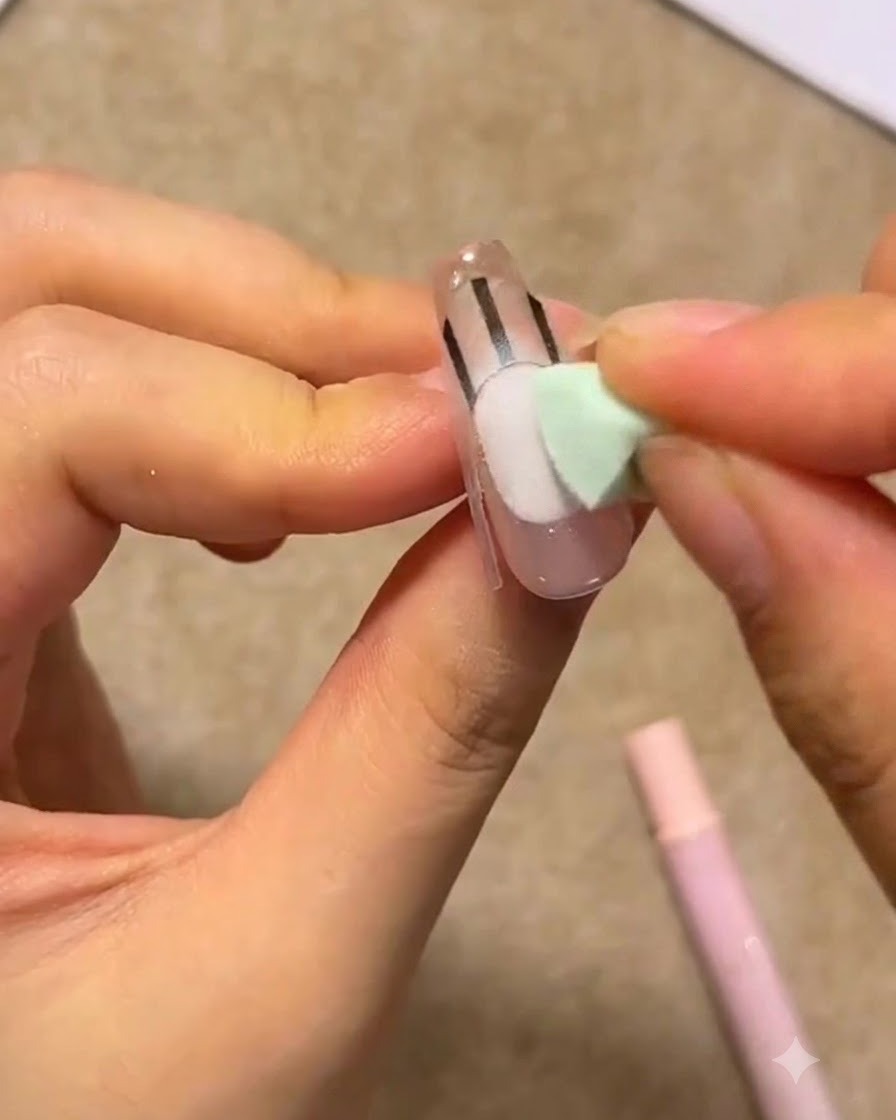 Un piccolo applicatore in spugna verde che tampona il gel bianco su ununghia con sticker guida per French.