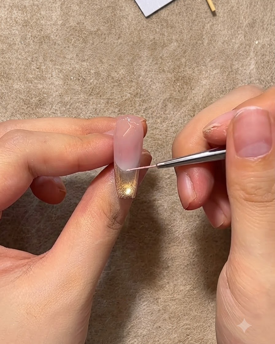 Un pennello liner sottile per nail art che traccia meticolosamente una linea di bordo rosa al centro di ununghia decorata.
