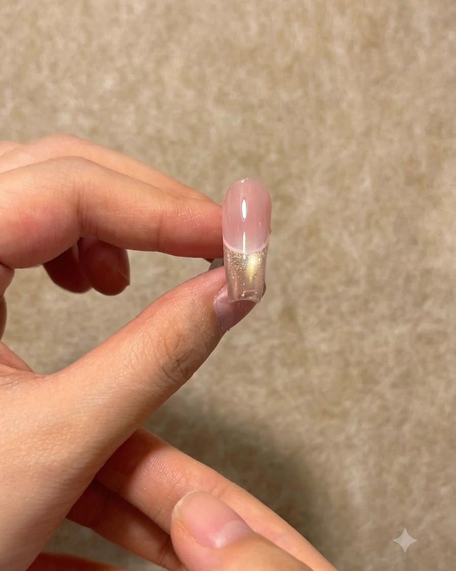 Una vista ravvicinata di ununghia completata con sfumatura rosa e oro French, tenuta contro uno sfondo neutro.