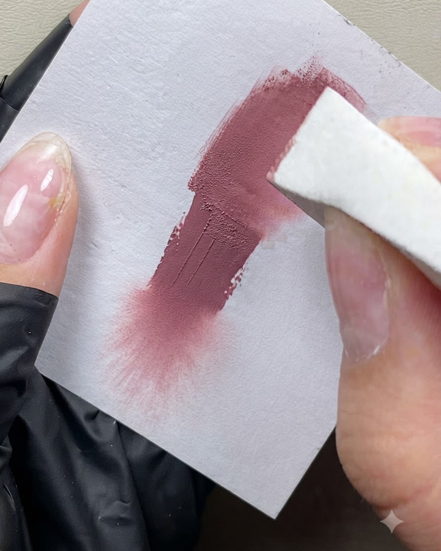 Una spugnetta che tampona il gel rosa pesca su un cartoncino, mostrando una macchia di colore liscia e testurizzata.