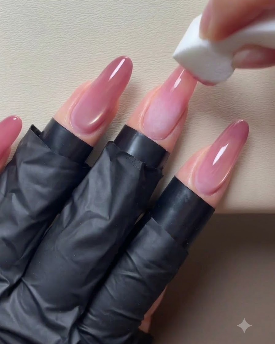 Una spugnetta che tampona un morbido gradiente rosa sulle punte di lunghe unghie con base nude.