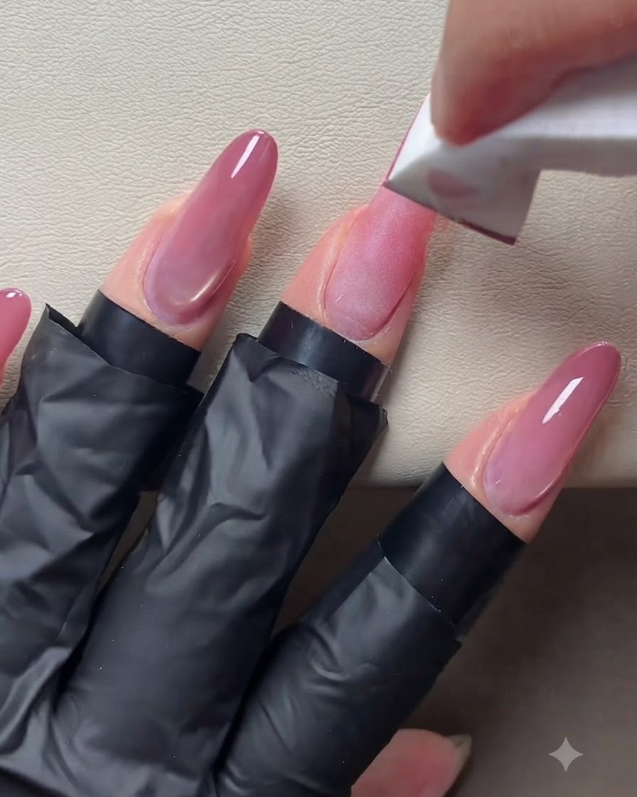Una spugnetta che applica un secondo strato più intenso di rosa pesca sulle punte delle unghie preparate.