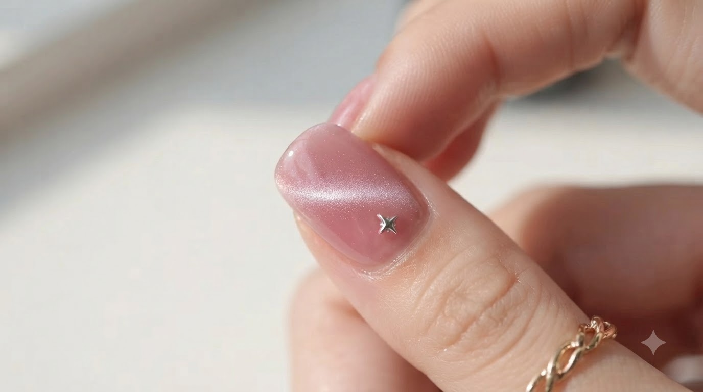 Un primo piano di unghie in gel cat-eye rosa con un effetto perla di vetro luminoso, rifinito con una cornice argentata e un accento a stella.
