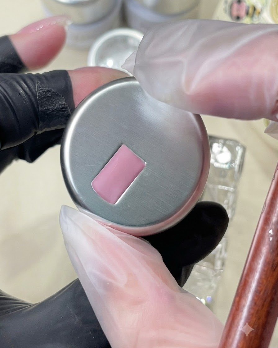 Un pennello che tiene e mostra la consistenza di un gel cat-eye rosa sopra una postazione per unghie.