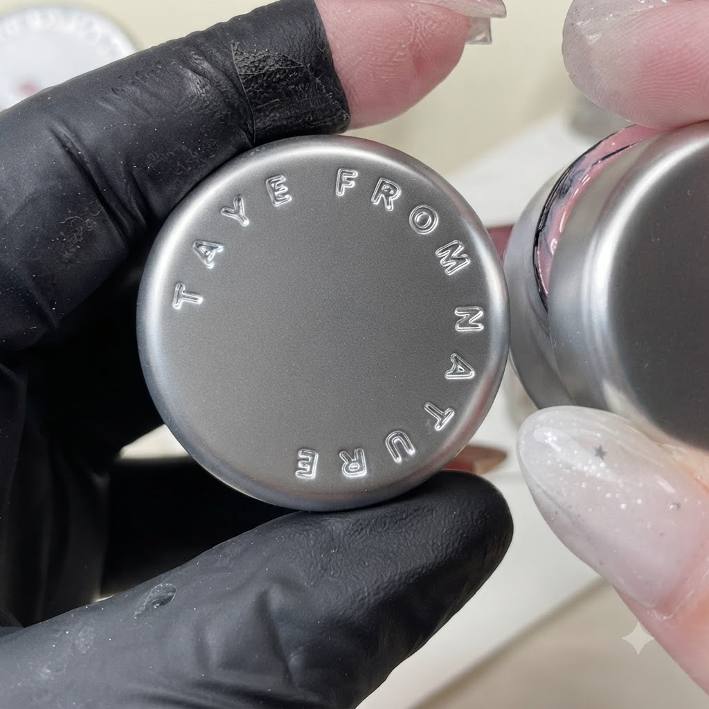 Un barattolo di smalto gel rosa con testo in rilievo sul coperchio tenuto in alto durante la preparazione del colore personalizzato.