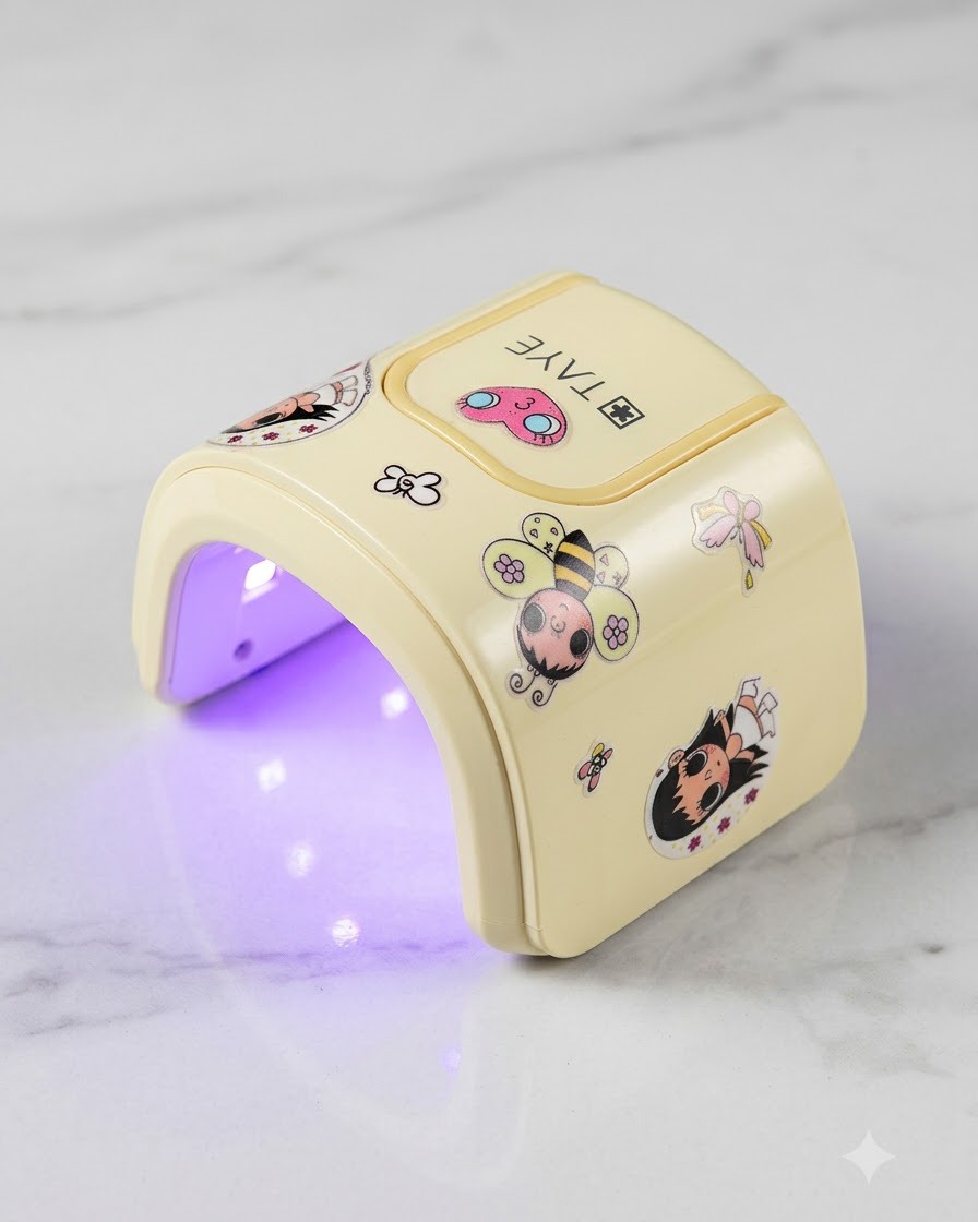 Una mano posta allinterno di una lampada UV LED portatile compatta che polimerizza la recente nail art.