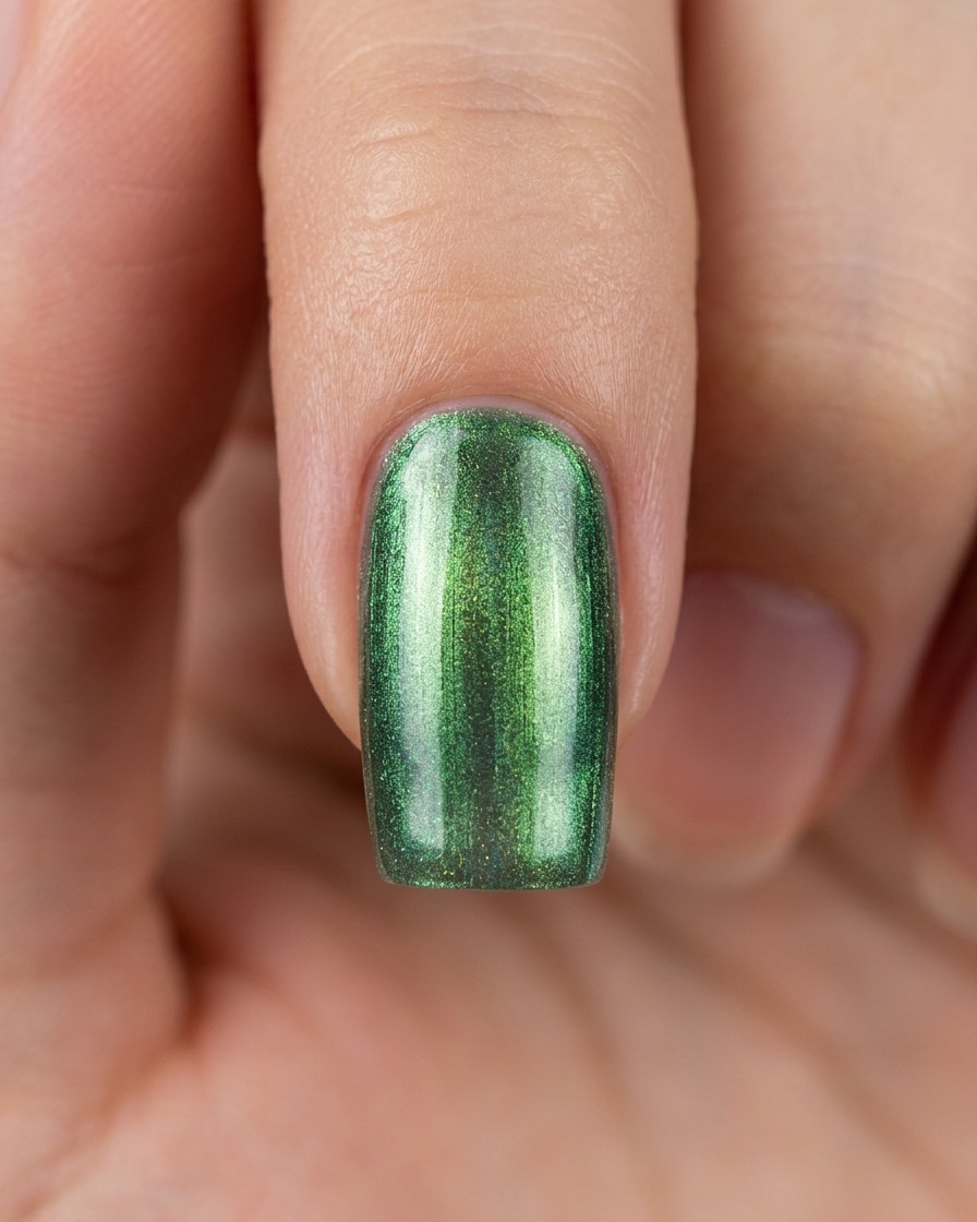 Primo piano di ununghia cat eye verde con un effetto a striscia magnetica lungo il centro.