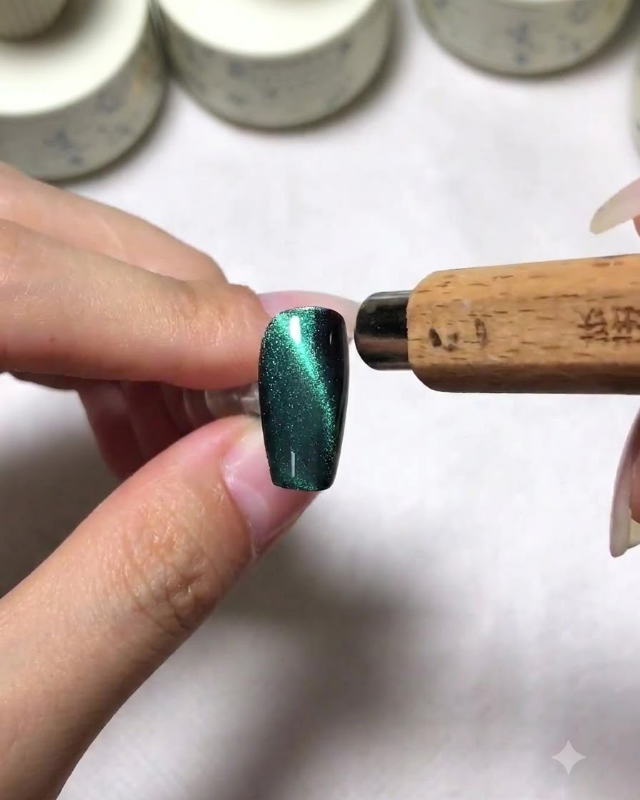 Uno strumento magnetico posizionato sul lato destro di ununghia cat eye verde per creare una scia laterale.
