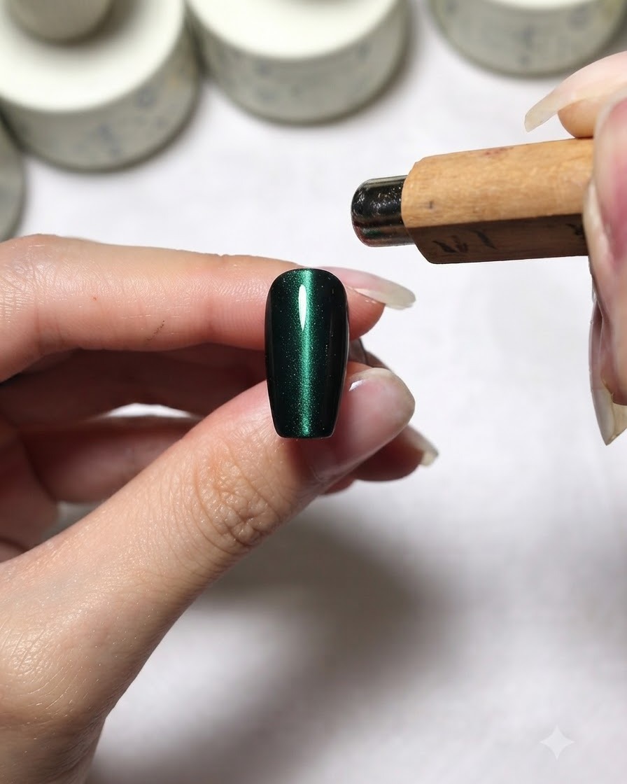 Un magnete cilindrico tenuto sopra ununghia cat eye verde scuro per modellare una striscia di luce curva a C.