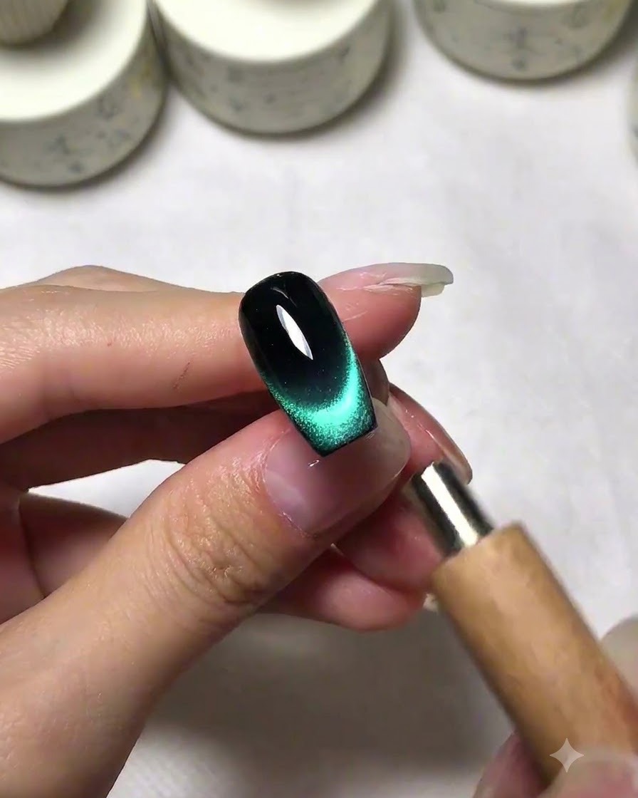 Un magnete che diffonde il pigmento cat eye per creare un effetto french sfumato su ununghia scura.
