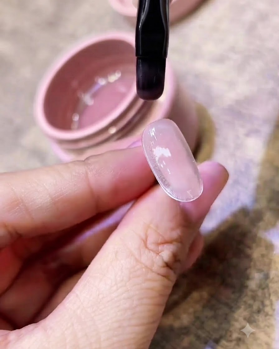 Un pennello piatto per gel applica uno smalto gel rosa nude su ununghia finta trasparente tenuta sopra un vasetto di gel rosa.