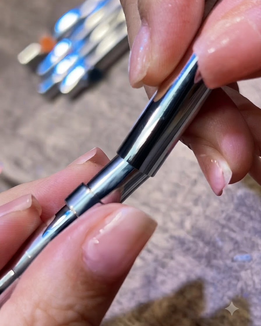 Primo piano di un pennello in silicone piatto che applica polvere cromo aurora sulla superficie di ununghia polimerizzata.