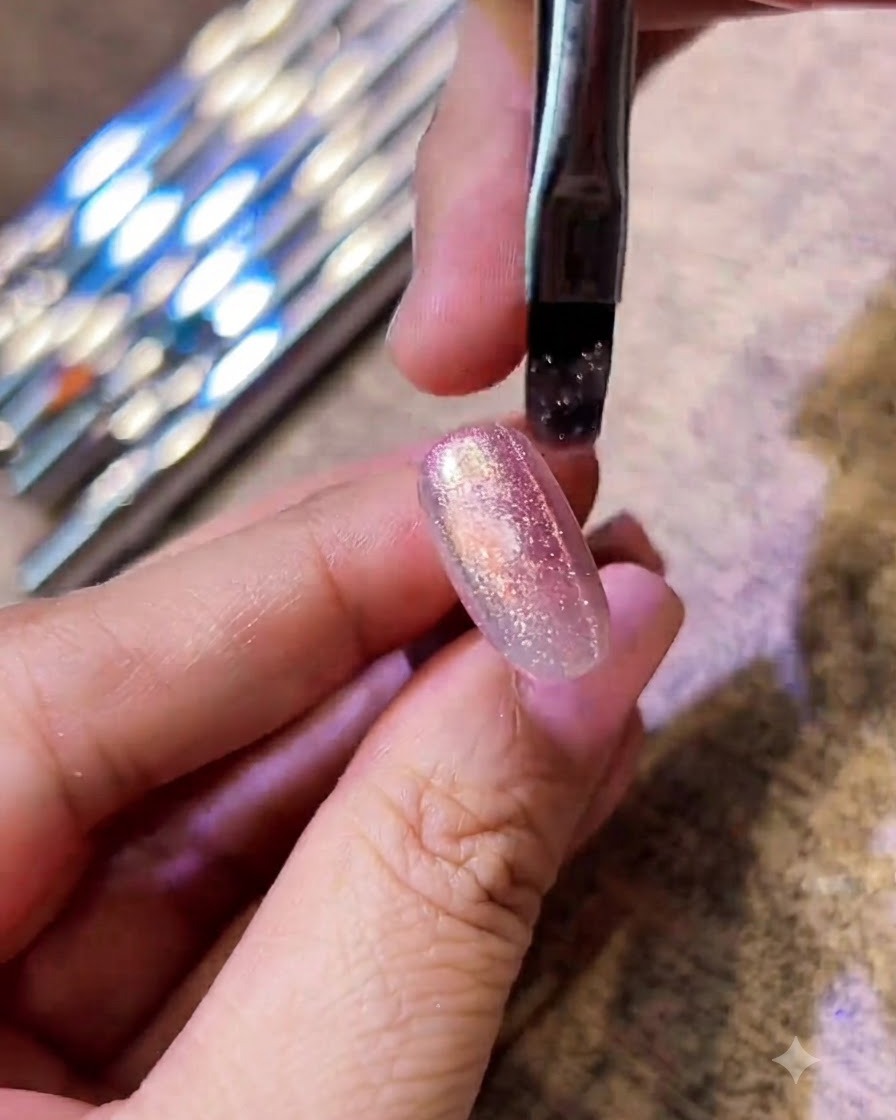 Un pennello da gel che applica uno smalto gel cat-eye scintillante su ununghia.