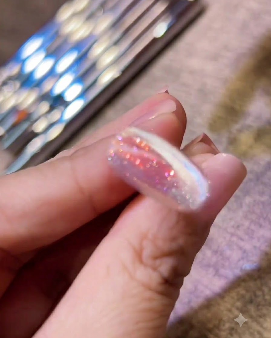 Una mano che riposa allinterno di una lampada per unghie LED UV con una luce viola brillante che polimerizza il gel.