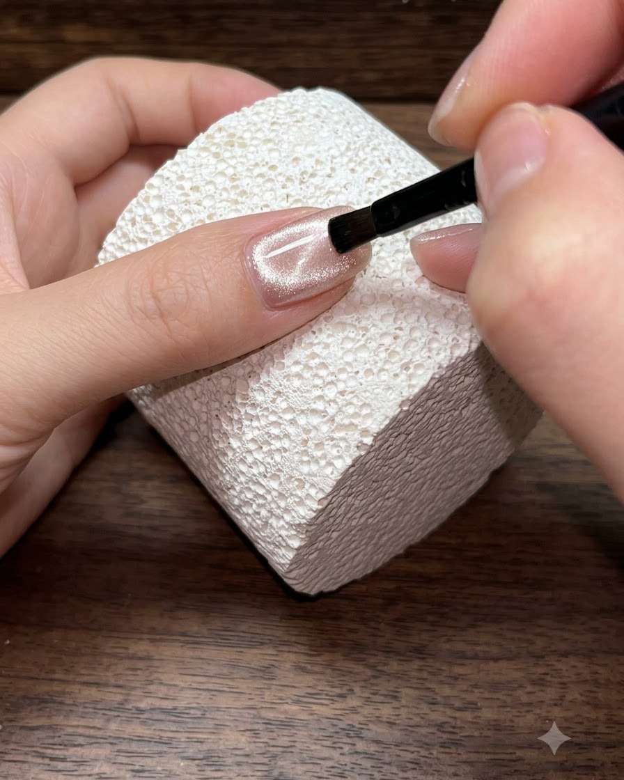 Un pennello da unghie applica il gel cat-eye color champagne su una superficie ungueale preparata.