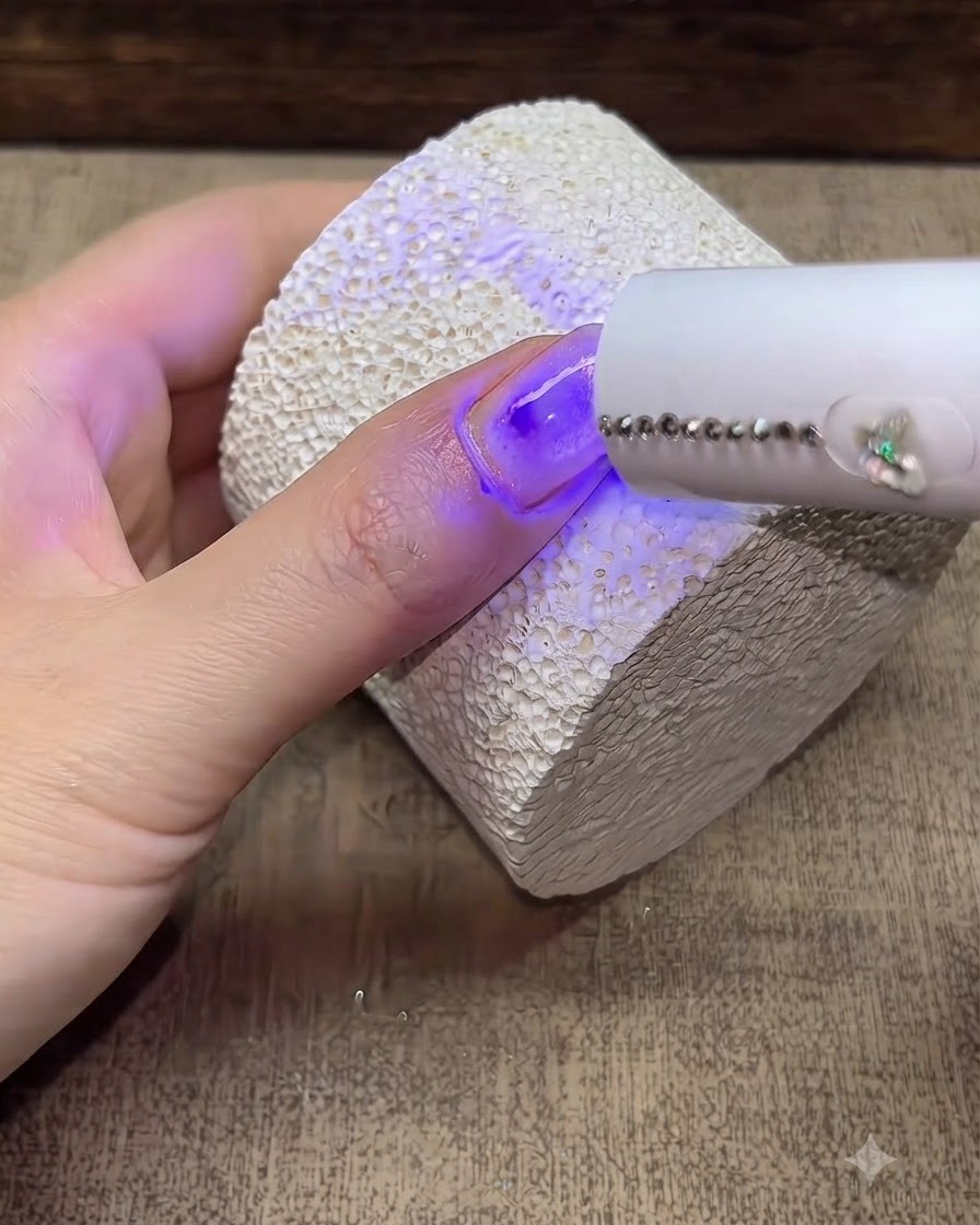 Una lampada per unghie UV/LED portatile polimerizza un dito con manicure appoggiato su una superficie bianca testurizzata.