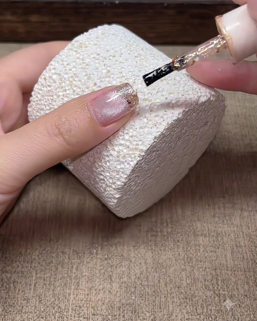 Un pennello da unghie che tampona fiocchi di glitter champagne sulla punta di ununghia in gel cat-eye.