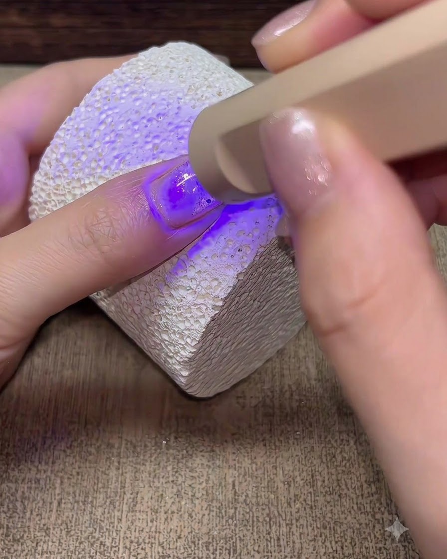 Una lampada UV/LED portatile che polimerizza ununghia coperta di builder gel.