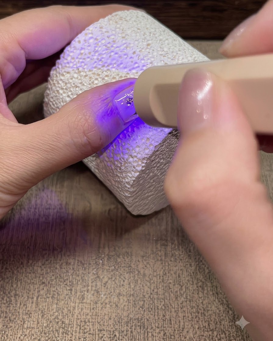 Una lampada UV/LED portatile che polimerizza la sigillatura finale del top coat su un design di unghie a stella scintillante.