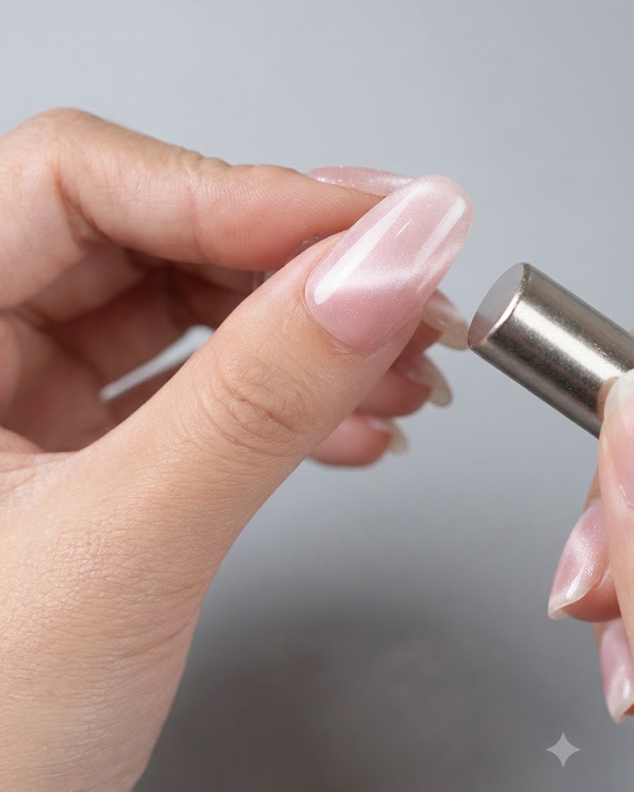 Una bacchetta magnetica cilindrica tenuta vicina a ununghia cat eye rosa lucida per spostare le particelle magnetiche.