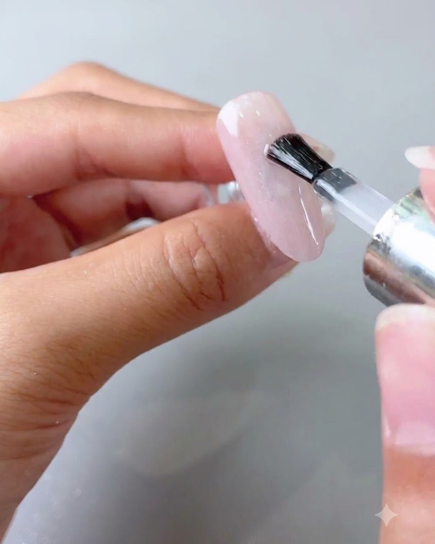 Un pennello applica uno strato di top coat trasparente sulla superficie di ununghia manicurata.