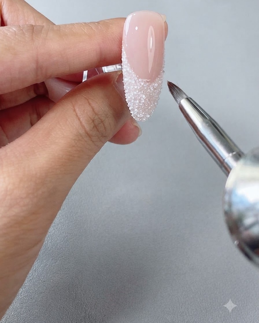 Un piccolo pennello per nail art spazza via delicatamente la polvere acrilica bianca in eccesso dalla punta French di ununghia lunga a mandorlacite: 1.