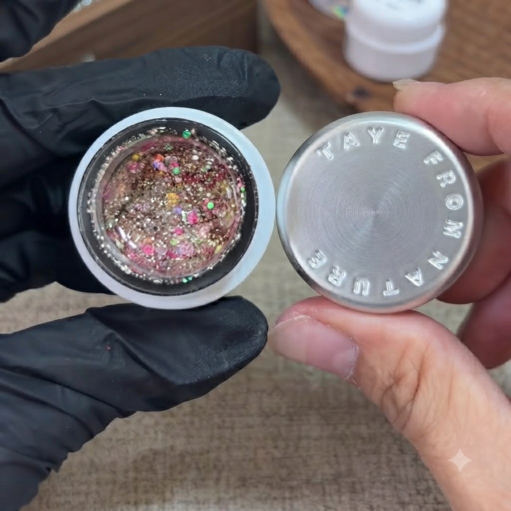 Una mano guantata che tiene un barattolo aperto di gel glitterato mentre un piccolo pennello si intinge nella miscela colorata.