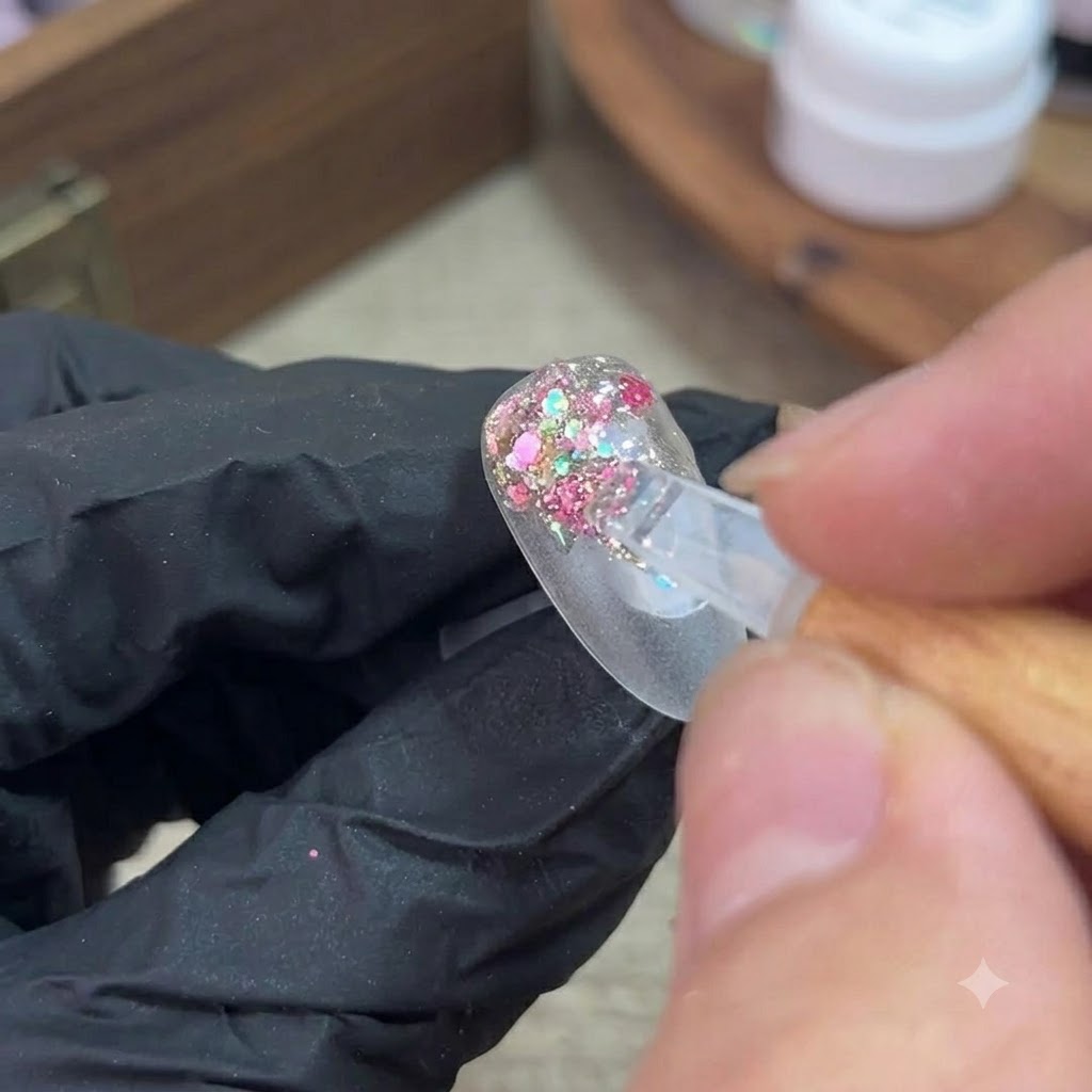 Un piccolo pennello che applica il gel glitter colorato sul margine posteriore di una tip trasparente.