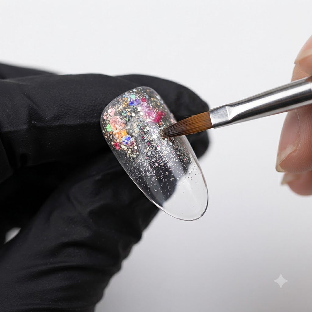 Un pennello che sfuma il gel glitter verso il basso lungo la punta di ununghia per creare un gradiente ombré.