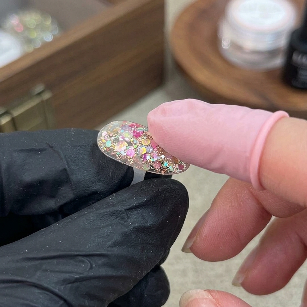 Un piccolo applicatore in spugna che tampona delicatamente un gradiente di gel bianco su unestensione ungueale color nude e glitterata.