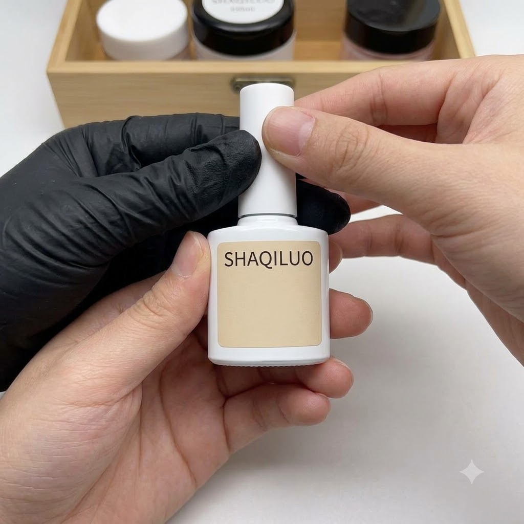 Una mano guantata che tiene una bottiglia bianca di smalto in gel Shaquiluo su uno sfondo di tavolo in legno.
