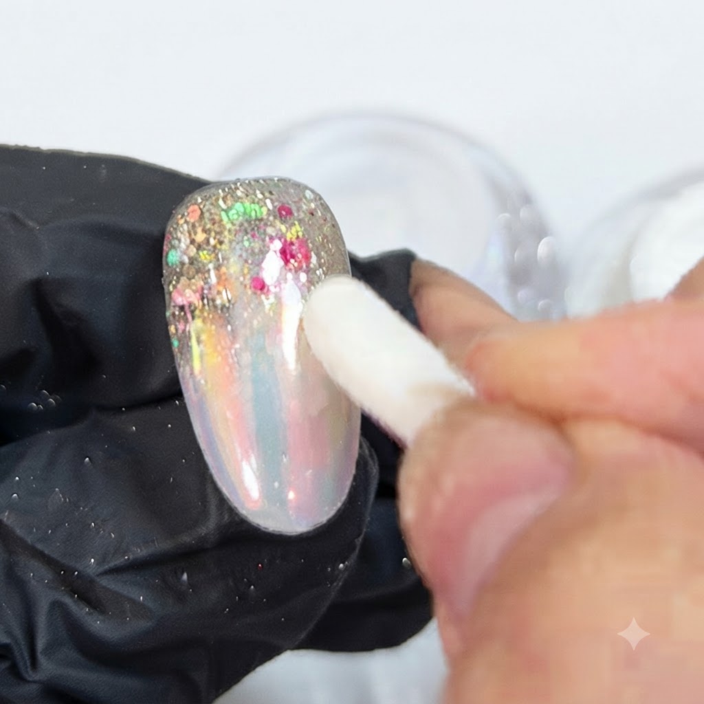 Un applicatore in spugna pulito che preme saldamente su una superficie di unghia rivestita di polvere aurora tenuta in una mano guantata.