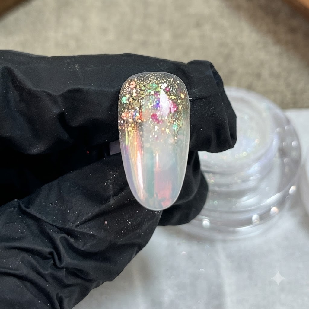 Unestensione ungueale finita che mostra una sfumatura liscia e una disposizione di glitter, vista da vicino su un dito guantato.