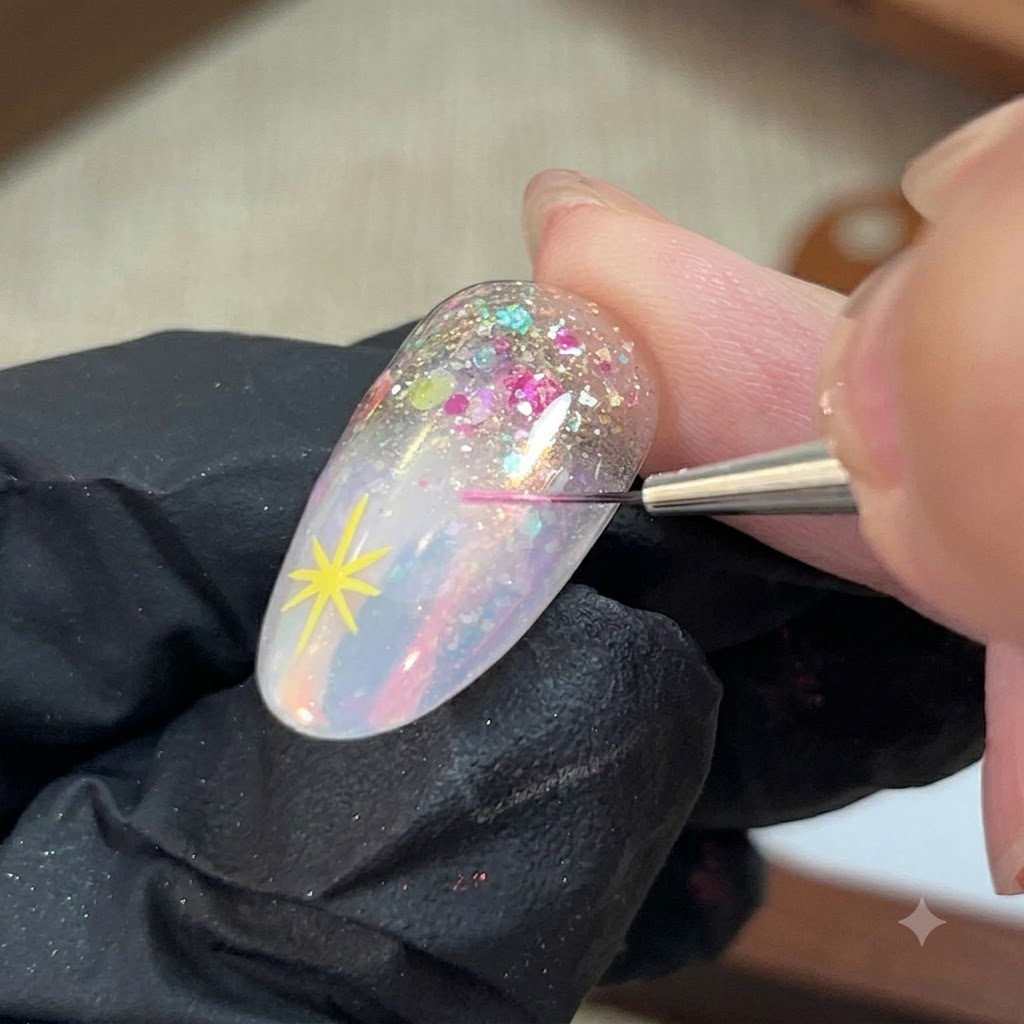 Un pennello sottile che utilizza il gel rosa per dipingere una stella a cinque punte accanto a una stella gialla su ununghia.